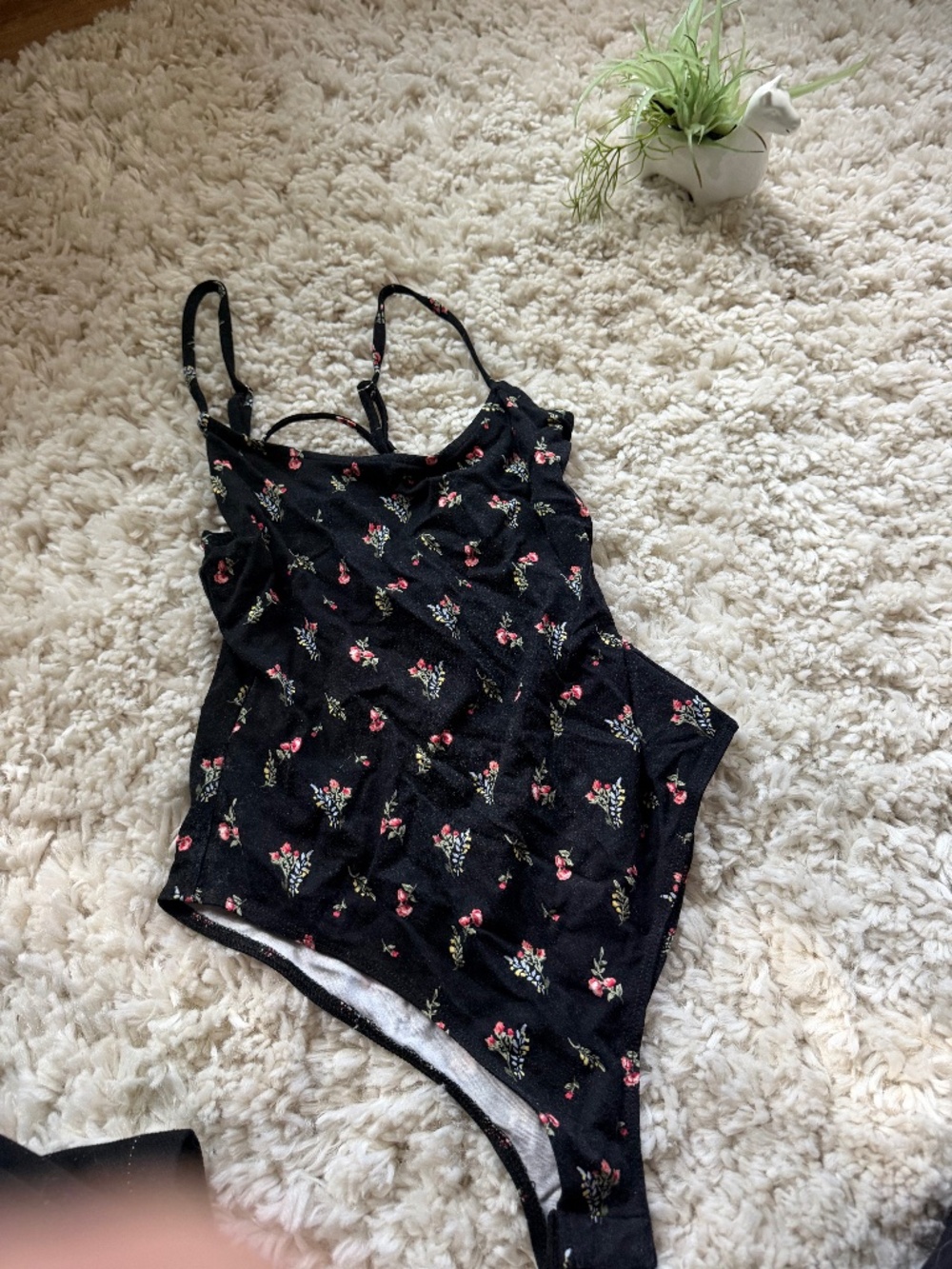Forever 21 floral vintage one-piece womens bodysuit in black with pink and multi